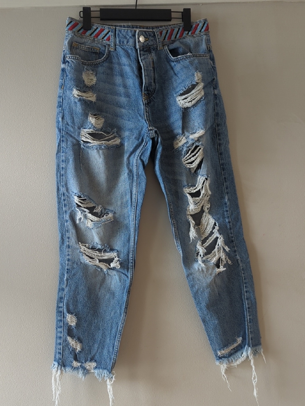 Zara Light Blue Distressed Boyfriend Jeans with Striped Waistband